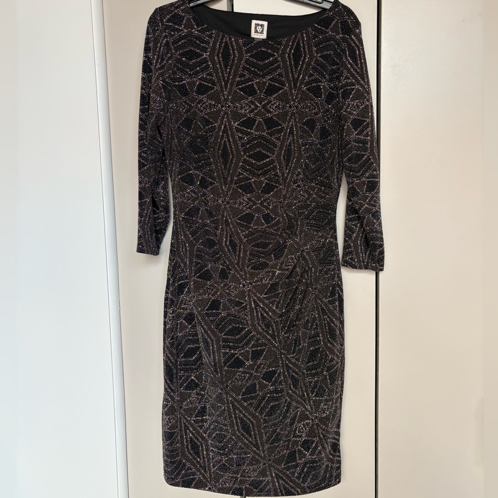 Anne Klein Black and Gold Geometric Long Sleeve Dress